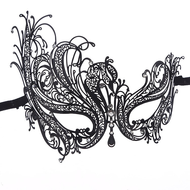 Halloween maskerad smink ihålig svan strass phoenix ögonmask lyxig fantom metall venetianska festmasker: Svart