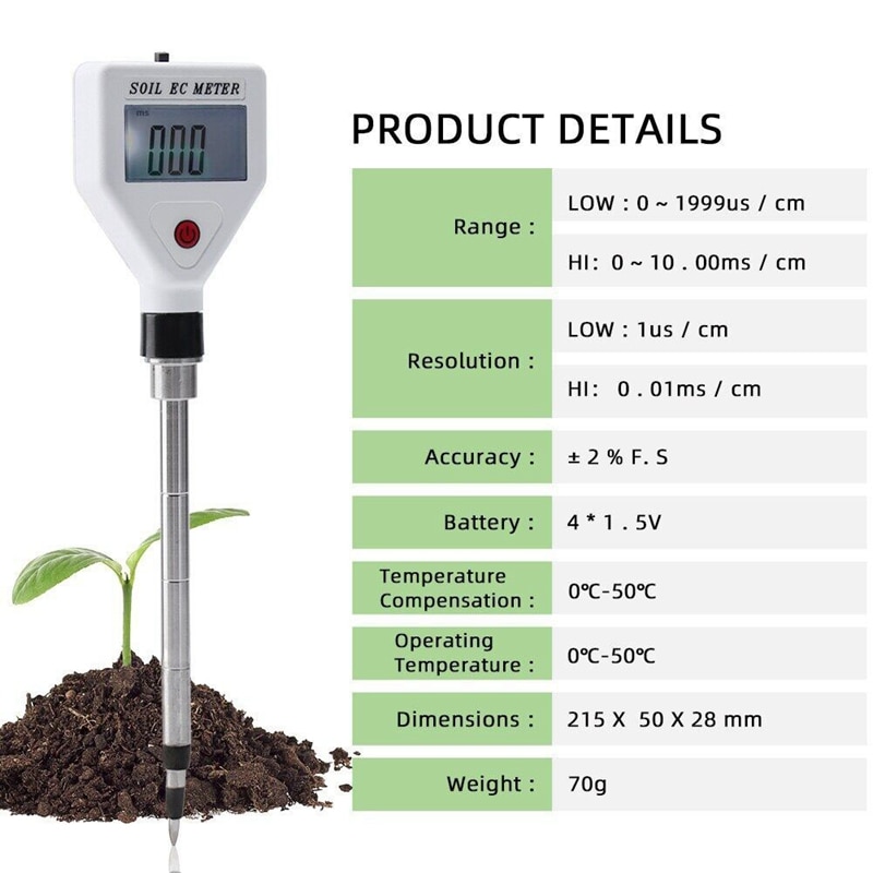 Soil EC Meter High Precision Metal Probe ATC Conductivity Tester Detector For Flowers Farmland Garden