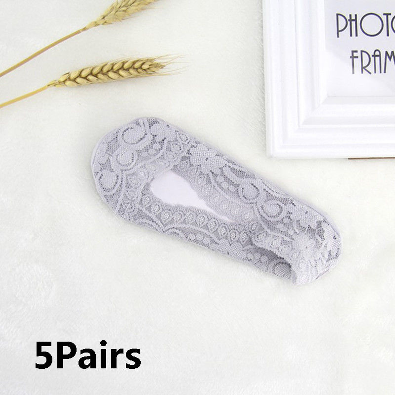 5Pairs Lot Ladies Women Girls Invisible Footsies Lace Sock Slipper Shoe Liner Trainer Ballerina Socks: Gray