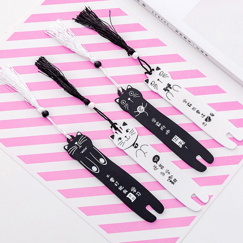 Kawaii Cartoon Cat Wooden Bookmarks for Books Black White Color Bookmark Tassel Book Page Student Stationery Supplies