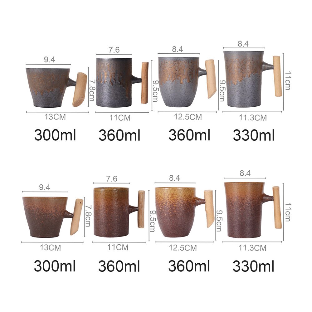 Japanese-Style Vintage Ceramic Coffee Mug Coarse Pottery Kiln Retro Water Cup Tea Milk Beer Mug With Wood Handle Home Office