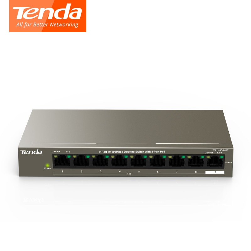 Tenda TEF1109P-8-63W Fast Ethernet Full-Duplex 10/100 Mbps 1.8 Gbps Switch Capaciteit 58 W, 250 M, 6KV Bliksembeveiliging