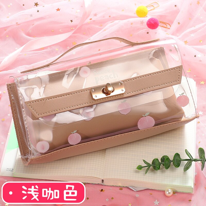 Storage Pen Case Handle Pencil Bag Transparent Pouch School Supplies Stationery Pencil Holder Rulers Organizer Pink Cosmetic Bag: light khaki
