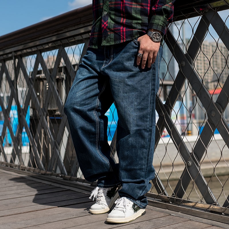 Herr vår höst vida ben baggy jeans byxor herr blå raka jeans hip hop lösa långa jeans byxor man plus size 42 44 46