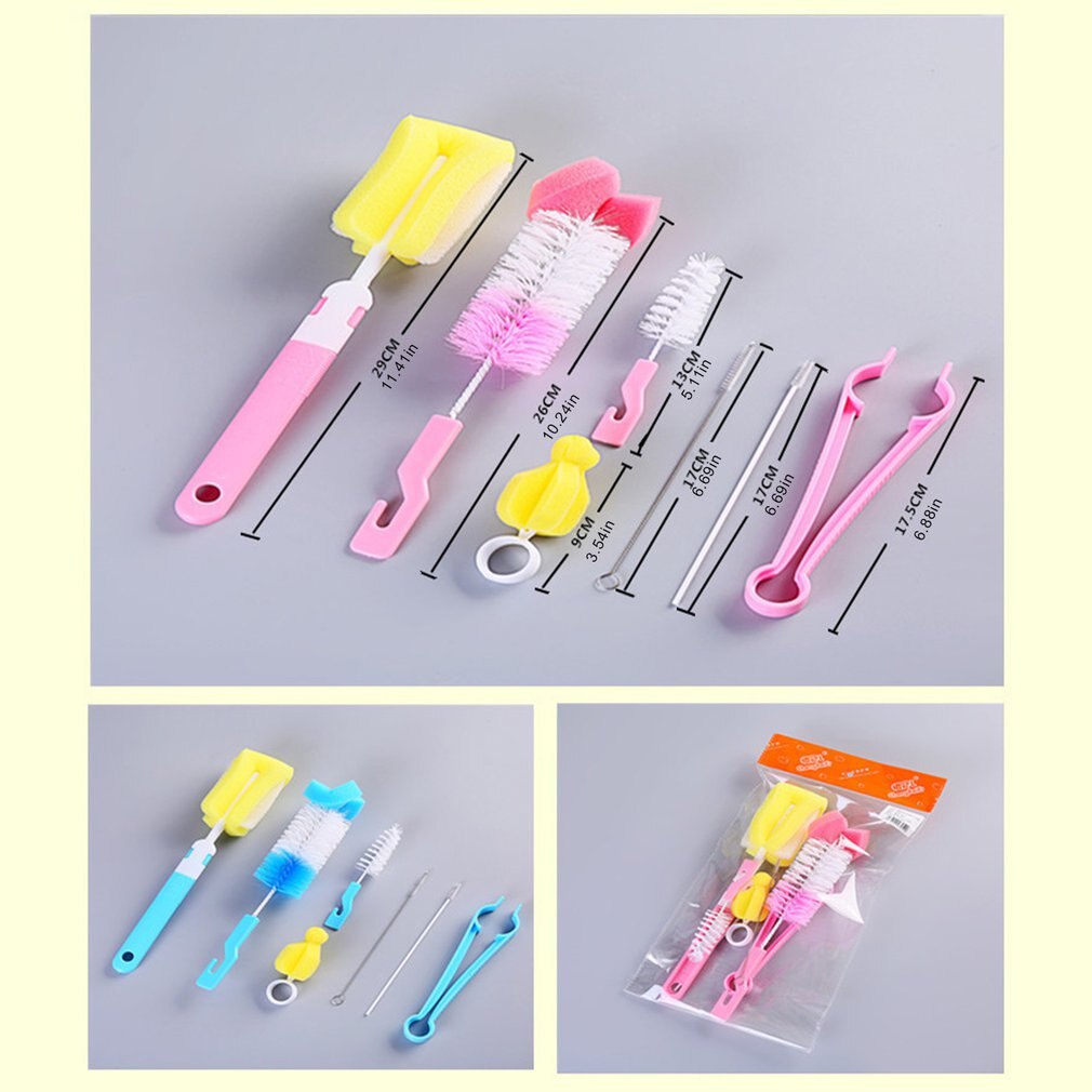 Sept pièces bébé biberon brosse bouteille nettoyage brosse éponge mamelon brosse acier inoxydable paille brosse bouteille brosse