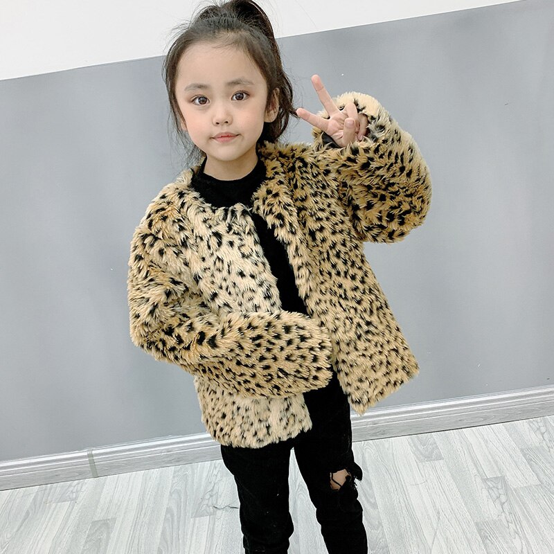 Children Leopard Faux Fur Coat Winter Fluffy Toddler Girl Coat Baby Girls Long Sleeve O Neck Kids Warm Tops Outwear Clothes