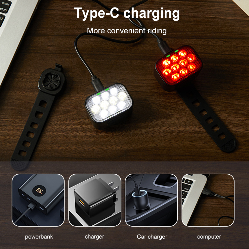 Led-sykkelstyrelommelykt usb-oppladbar sykkelfrontlykt vanntett sikkerhetsadvarsel baklys sykkel bak nattlys