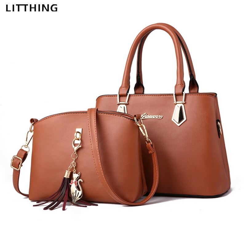 Litthing 2pcs/set Women Handbags Fashio Casual Luxury Handbags Shoulder Bags Bags Women Bag: brown A-2PCS