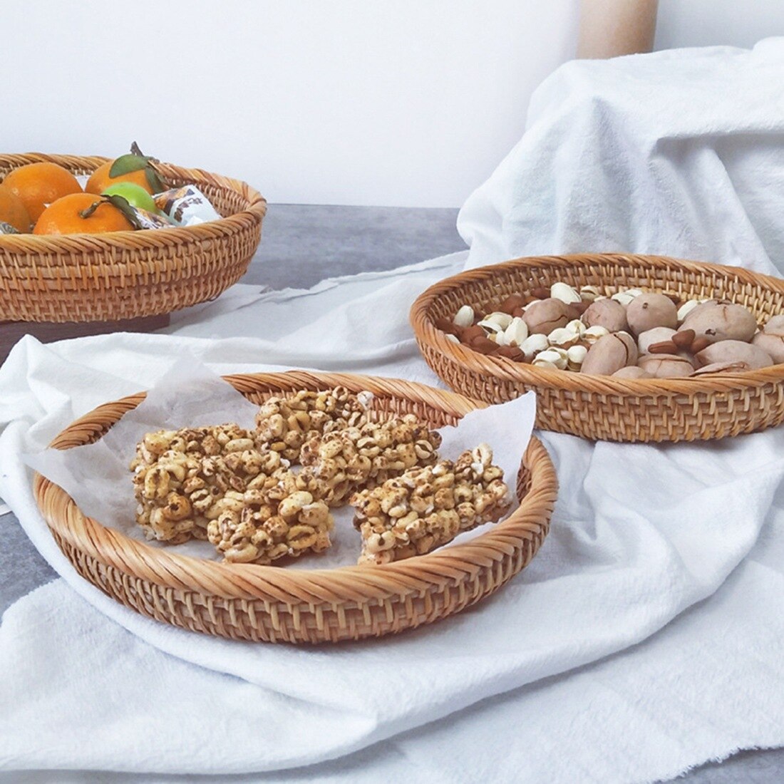 Rattan Handmade Real Rattan Fruit Basket Snack Bread Basket Tray Living Room Snacks Sundries Storage Basket Fruit Tray M