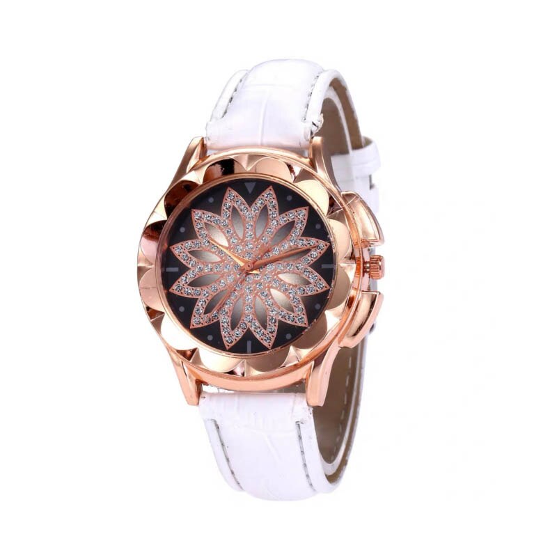 Luxe dames armbandhorloge leren band polshorloge bloem kristal strass quartz horloges casual damesklok: Wit