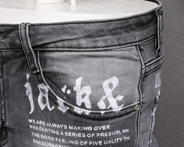 Herfst zwart grijze jeans heren slim-fit stretch strakke skinny broek koreaanse stijl trendy merk gewassen bedrukte heren denim jeans