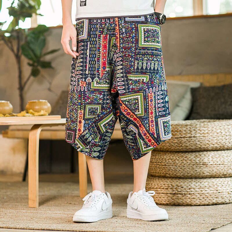 Pantalones casuales de estilo chino para hombre, pantalones bombachos holgados grandes, Capri de algodón estilo oriental, étnico, con estampado Floral, anchos