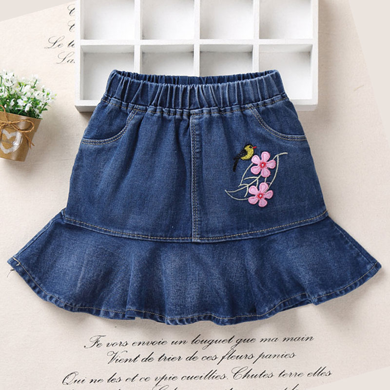 Nuovo Vestiti per Bambina Tutu Del Pannello Esterno Del Denim Casual Gonne per Bambini Ricamato Uccelli E Fiori per I Bambini Della Ragazza Dei Jeans Del Pannello Esterno