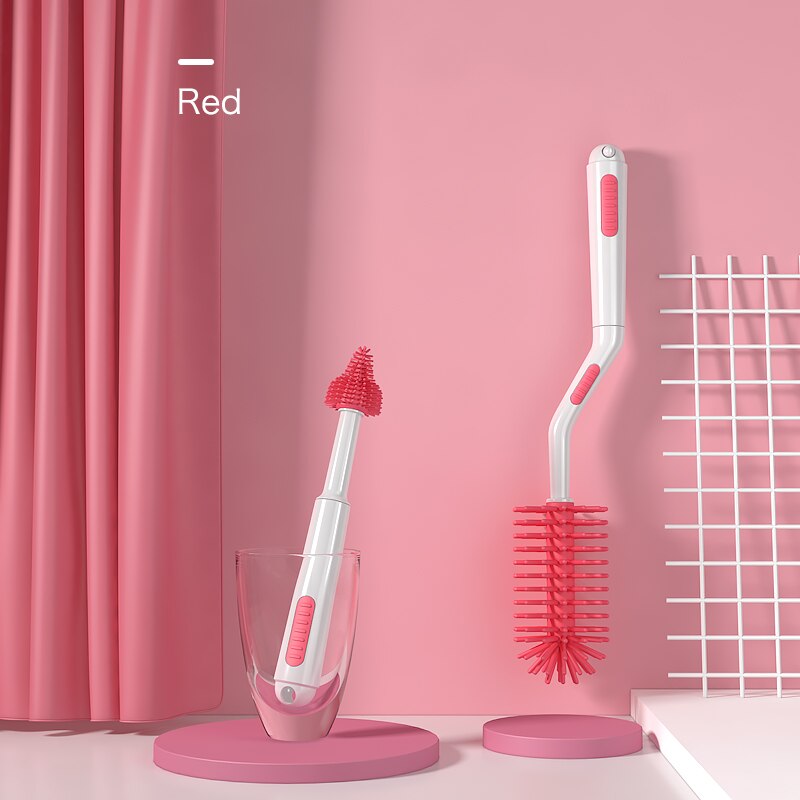 Baby Milk Bottle and Nipple Brush Kit 360 degrees Rotating Brush Baby Care Bottle Brush Silicone Cleaning Brush: Red