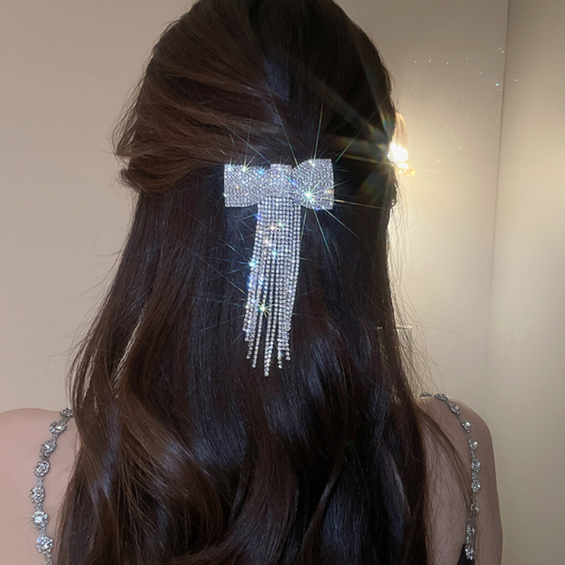 Horquilla con flecos y lazo de diamantes de imitación para mujer, Clip para el cabello con temperamento a la , accesorios para el cabello de lujo ligeros coreanos, Color dorado y plateado