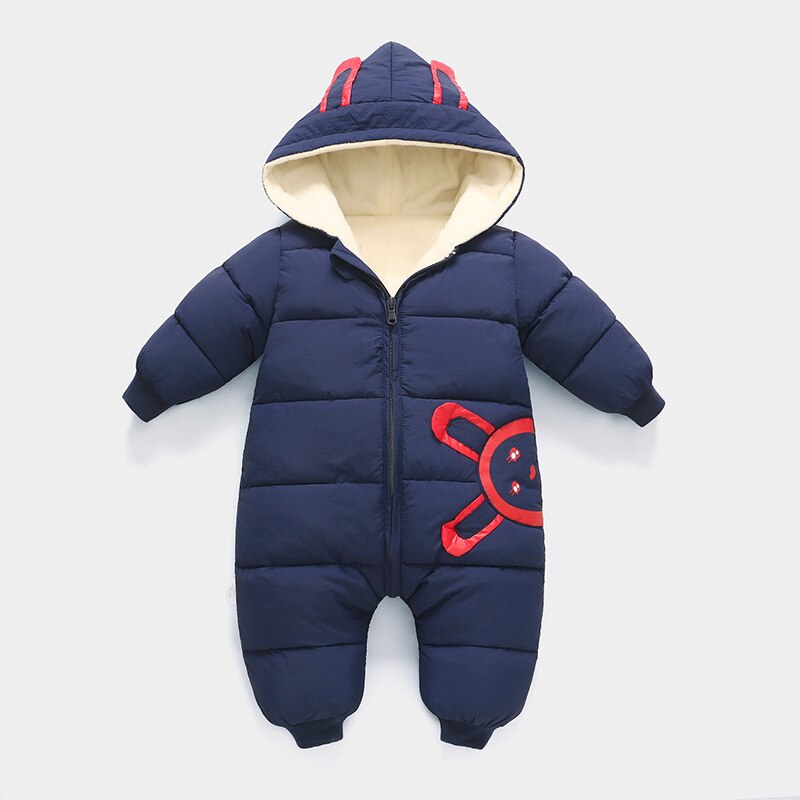 Winter Plus velvet warm overalls kids coat Baby wear Newborn Snowsuit Boy Warm Romper Down Cotton Girl clothes Bodysuit 0-2Y: Navy blue / 12M