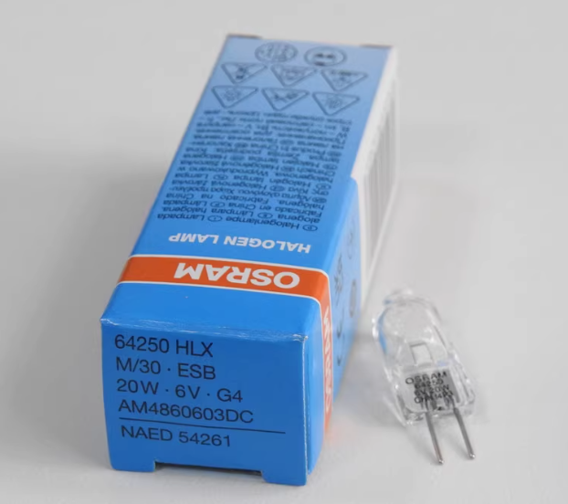 OSRAM Lámpara halógena 64250 HLX 6V 20W M30 G4 ESB Proyector Microscopio NAED 54261 Bombilla: Gris oscuro