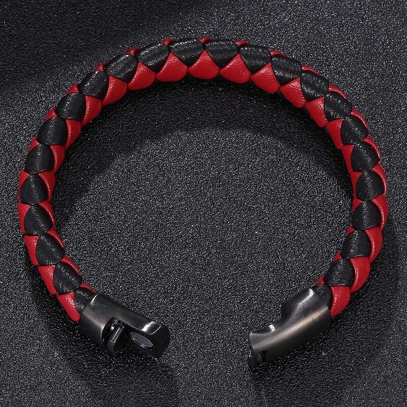 Trendy rød&sort flettet læderarmbånd herre smykker sort rustfrit stål magnetisk lås mandlige armbånd armbånd  st0028