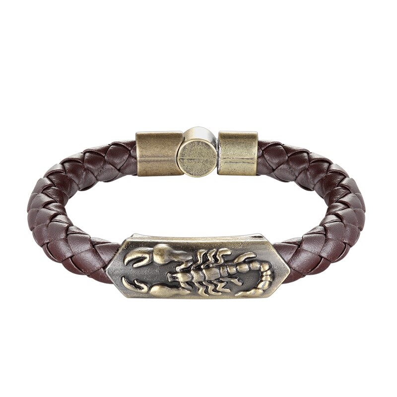 Punk Animal Bracelets Bronze Scorpion Pattern Black Brown Leather Cuff Bangles for Men Women Magnetic Buckle Bracelet Jewelry