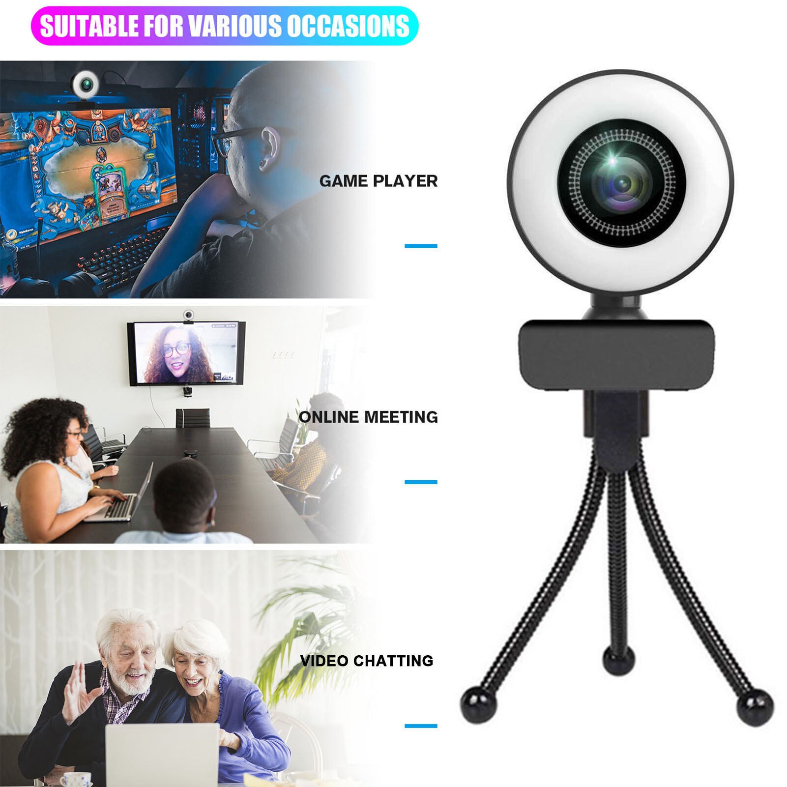 Multifunctionele Draagbare Usb 2.0 Video Camera Black 4K Hd Vullen Licht Computer Camera Driver Gratis Conferentie Live Webcam Voor pc