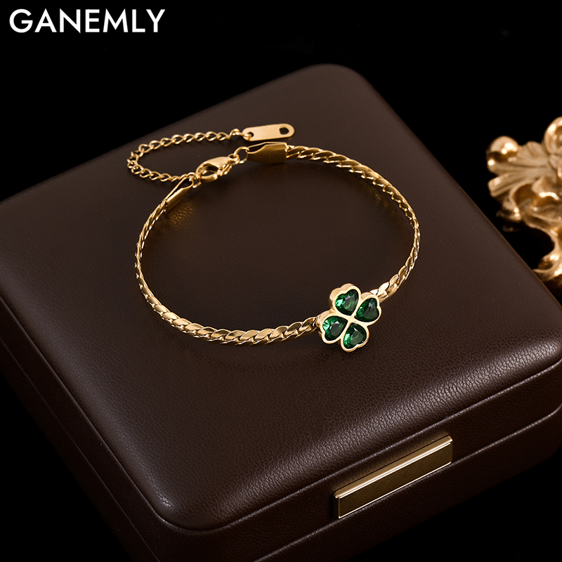 GANEMLY 316L Rvs Groene Kristal Klaver Armband Voor Vrouwen Mode Pols Ketting Waterdichte Sieraden Bijoux