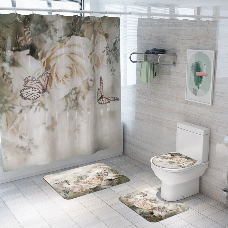 Blomster badeværelsesmåtte sæt bademåtte og bruseforhængssæt antislip brusemåtte badeværelses fodtæppe boligindretning toilet gulvmåtte: 4 stk -306
