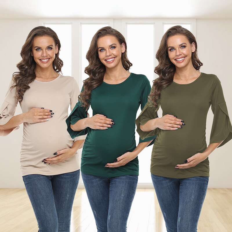 Liu&amp;Qu Womens Maternity Tops T-shirts Summer Pregnant Clothes Round Neck Petal Short Sleeve Shirts Pregnancy 2022