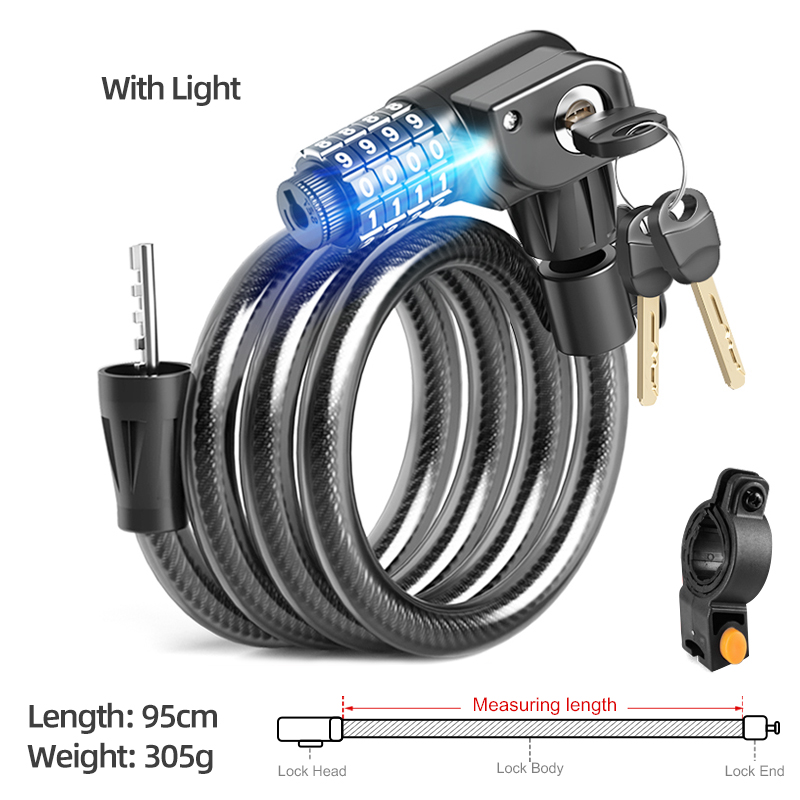 Xunting Bike Lock with Light Combination Keys Anti-theft Mountain Bike Lock General Bicycle Steel Cable Lock LED Luminous Locks: with light 95cm