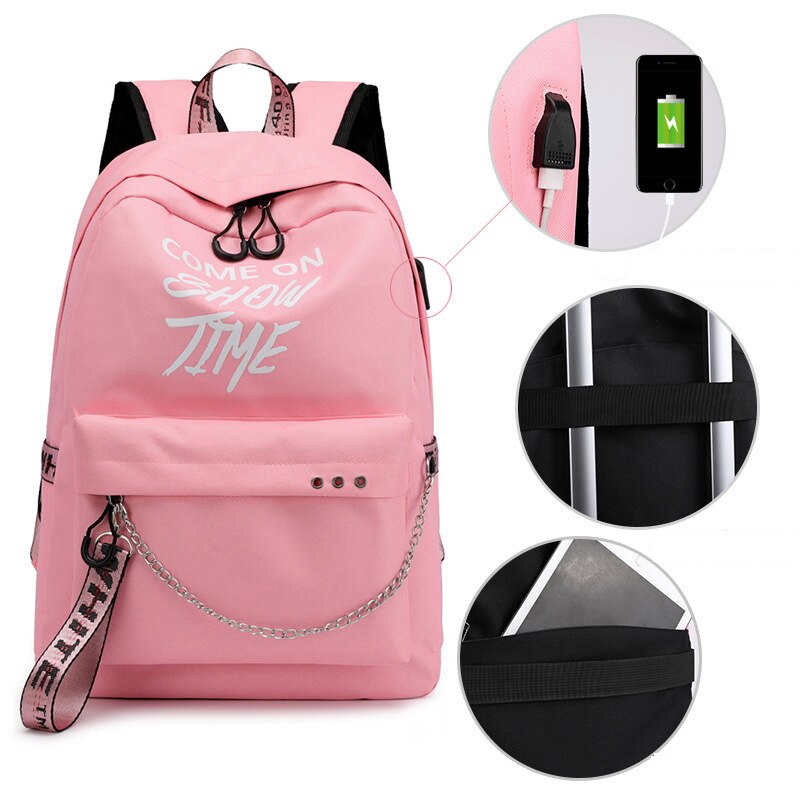 Lichtgevende Usb Vrouwen Rugzak Letters Print Schooltassen Tiener Meisjes Linten Canvas Computer Rugzak Mochila Sac A Dos: Pink