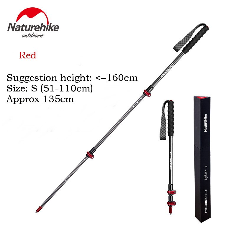 Bastón de Trekking ultraligero de fibra de carbono Naturehike de acero de tungsteno, 3 secciones, bastón para caminar, senderismo, alpinista S135g: Red S 1PC