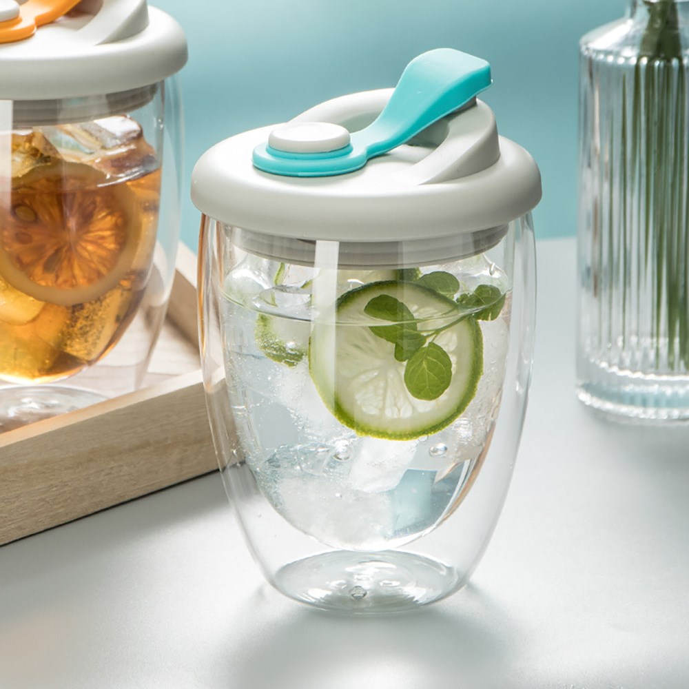 Leuke Draagbare Waterbeker Dubbelwandige Glazen Beker Met Lekvrij Deksel Transparant Geïsoleerde Koffiekopjes Melk Thee Sap Mok Dinkware
