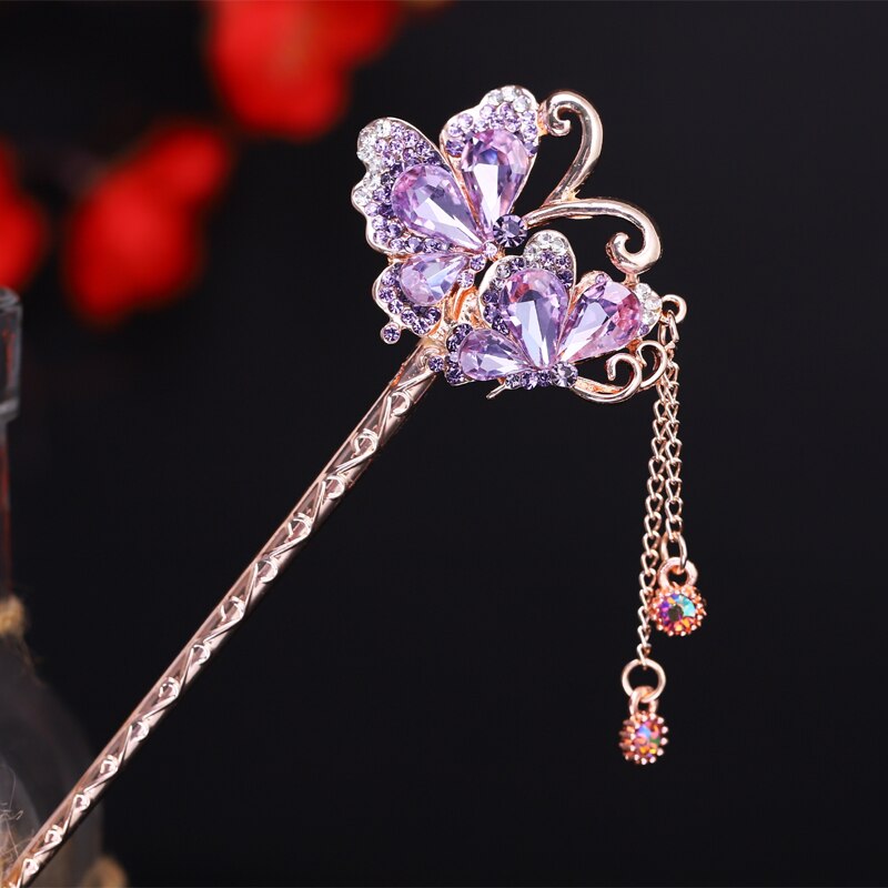 Morkopela Blume Kristall Haarnadel Charme Haar Clip Zubehör Strass Braut Haar Stick Schmuck Hochzeit: butterfly purple