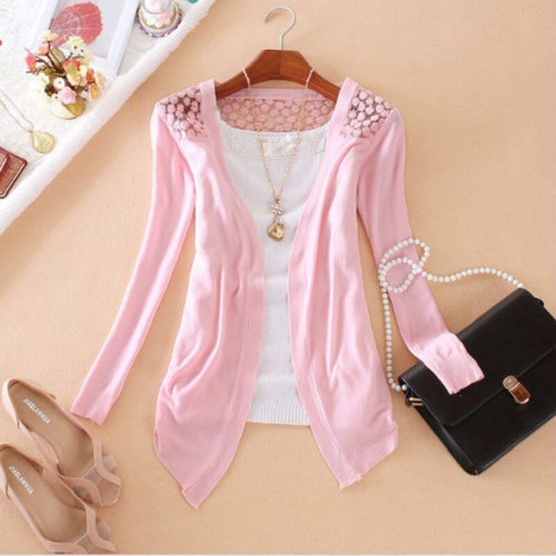 Vrouwen Lady Hollow Kant Gebreide Sweet Candy Kleur Crochet Knit Blouse Top Coat Trui Vest Lange Mouwen Slanke Dunne Out jas
