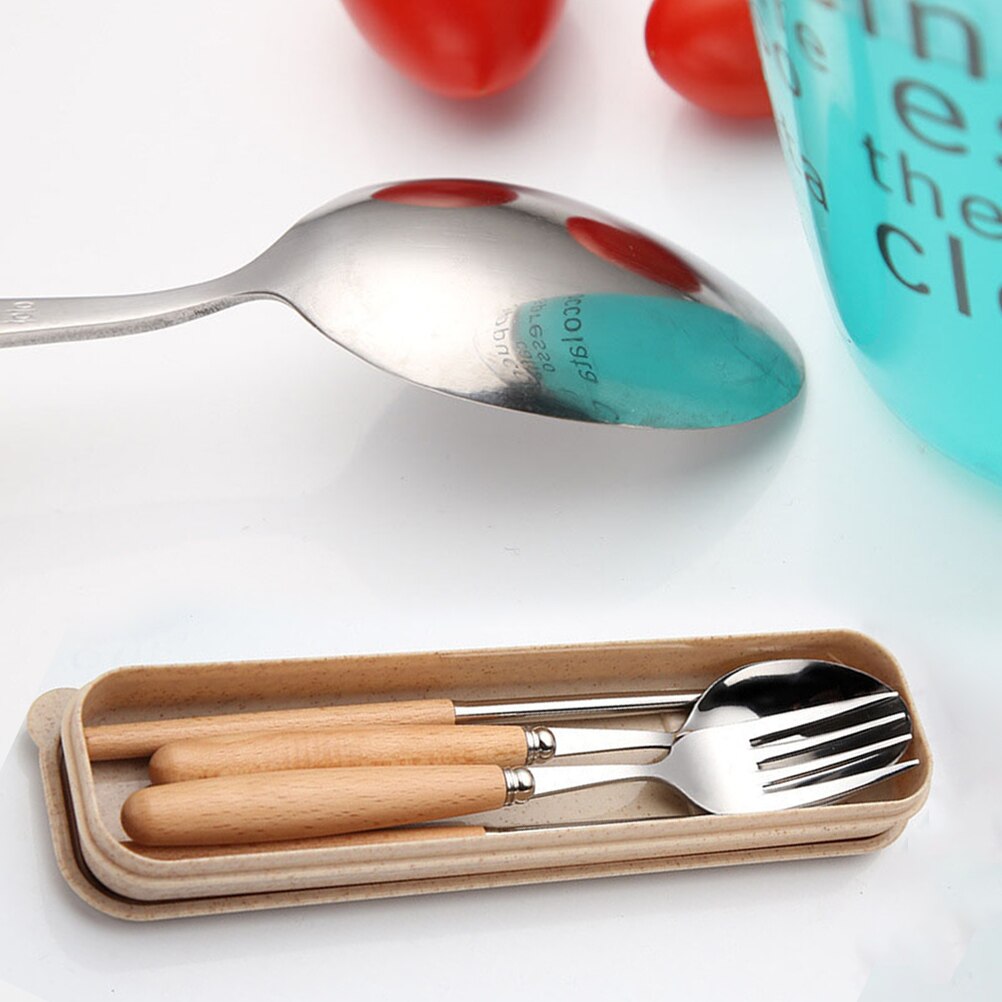 3PCS Stainless Steel Flatware Tableware Cutlery Set with Beech Handle Include Fork Spoon Chopsticks Case: Default Title