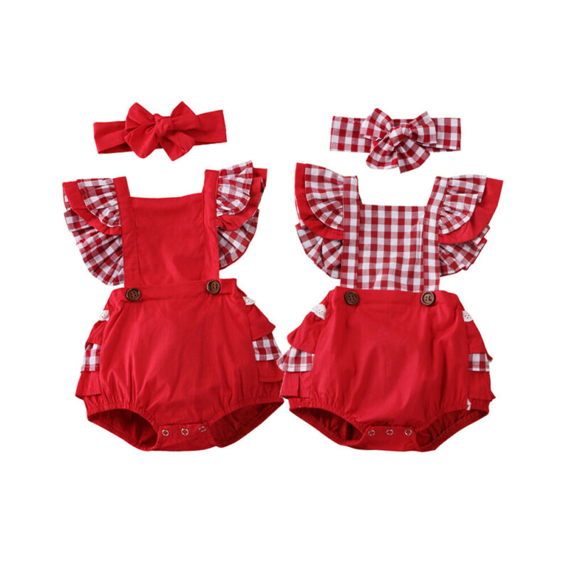 2 STUKS Baby Baby Meisje Xmas Rompertjes Hoofdband 2 stuks Backless Ruche Mouw Plaids Print Romper Overall Outfit Sunsuit