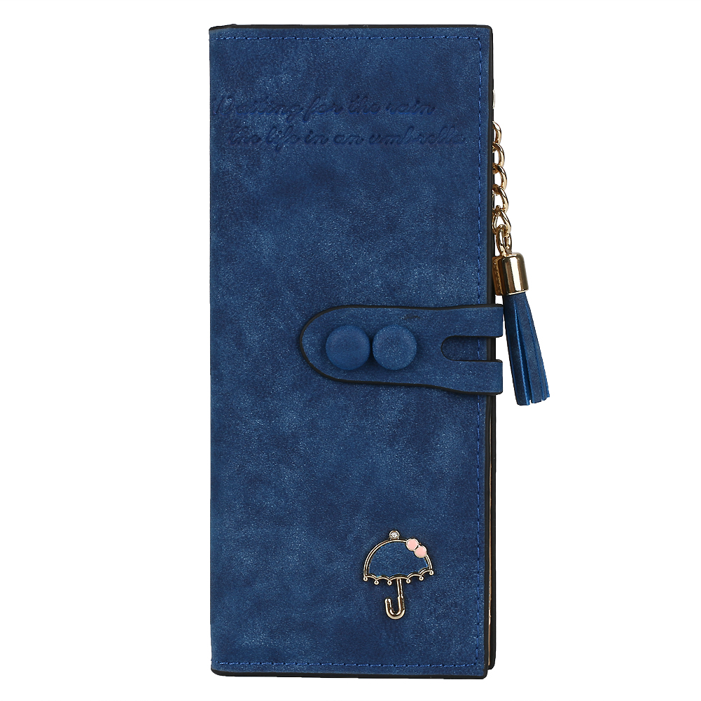 Womens Lady PU Leather Card Holder Long Wallet Clutch Checkbook Zip Frosted Tassel Button Letter Umbrella Scrub Textured Purse: Blue