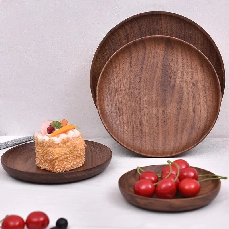 Assiettes rondes en noyer noir, vaisselle en bois, pour dîner, Dessert, thé, stockage des aliments