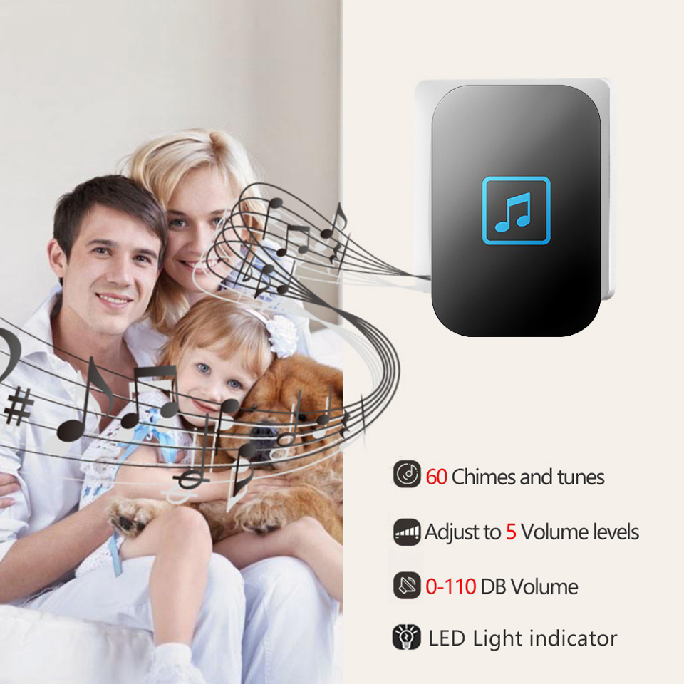 CACAZI – sonnette sans fil étanche à 300M, télécommande à 60 anneaux, batterie CR2032, 1 émetteur 5 récepteurs, prise US EU UK, carillon 0-110DB