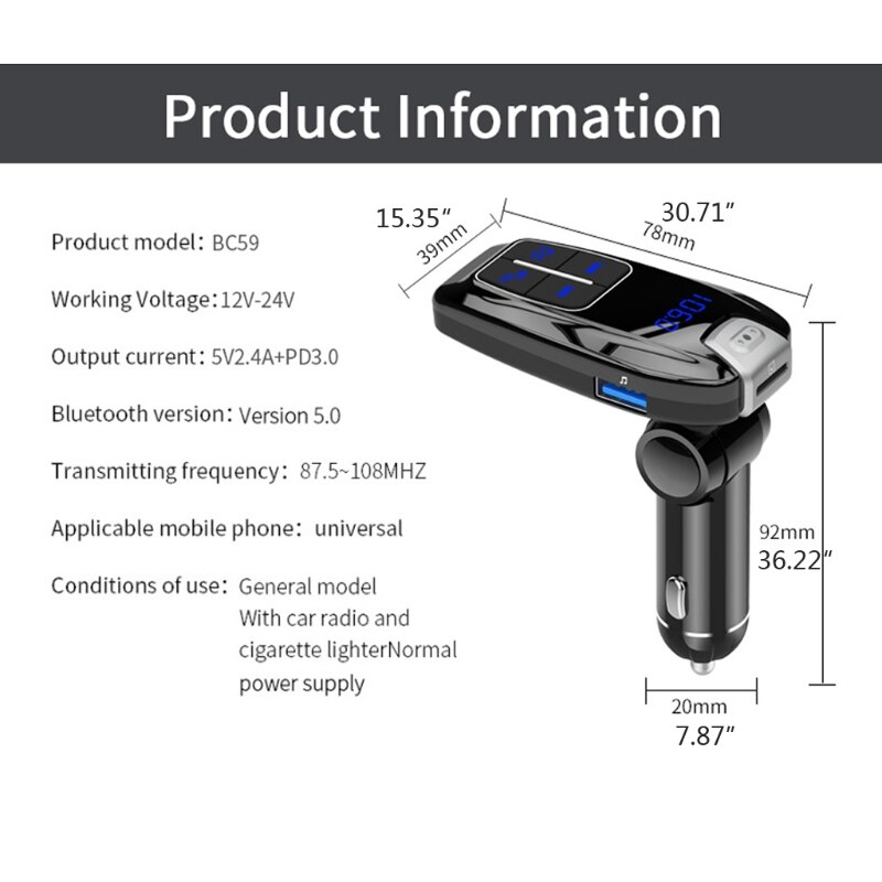 Bluetooth 5.0 Stereo MP3 Player Wireless Handsfree Car Kit Adapter Usb PD3.0 28GC