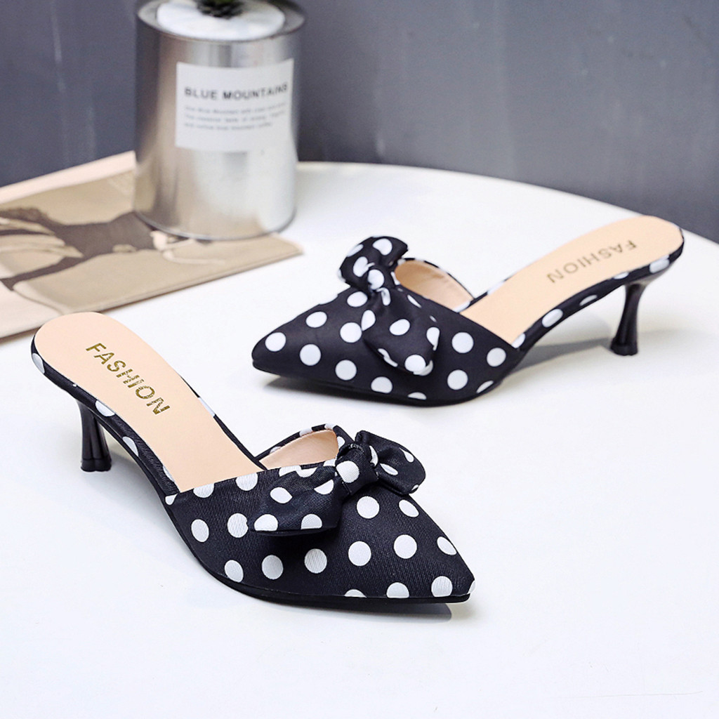 Sandalias de tacón fino de verano con estampado de lunares con nudo de mariposa, zapatos de punta estrecha para mujer