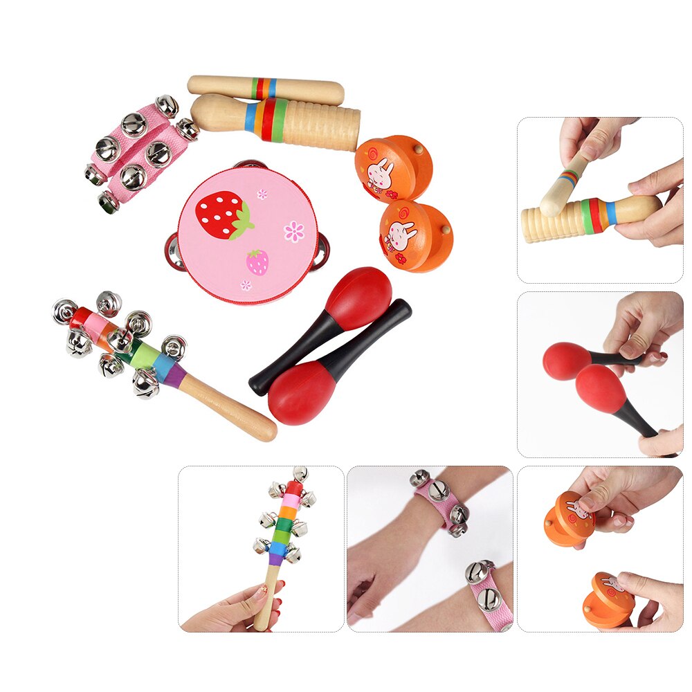 Neue 10 teile/satz Musical Spielzeug Orff-instrumente Sets Band Rhythmus Kit Einschließlich Tamburin Maracas Kastagnetten Handbells für Kinder