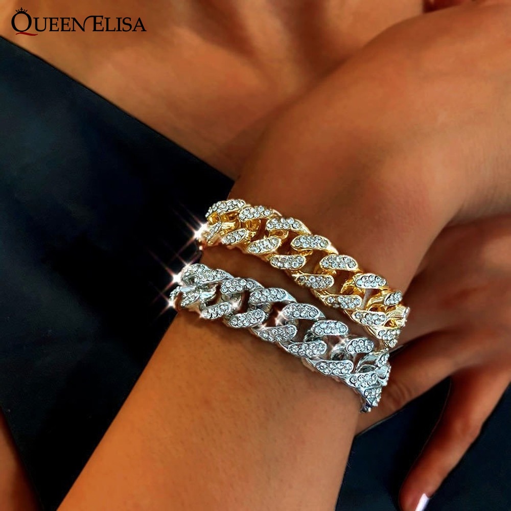 Cubaanse Dikke Link Chain Armband Punk Luxe Crystal Armbanden Voor Vrouwen Mannen Sieraden Goud Kleur Rhinestone Bangles Bling