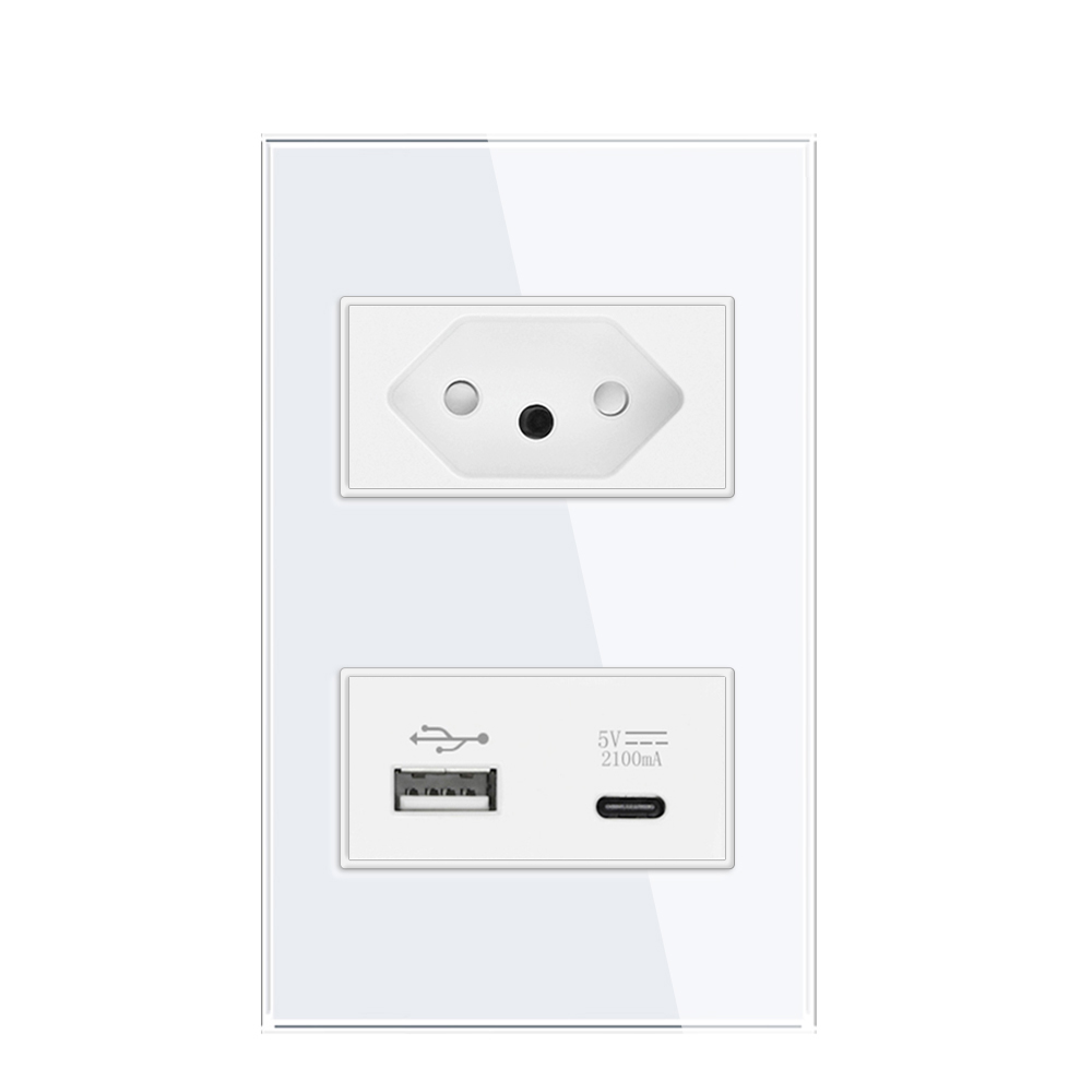 Brasilien 10a 20a Steckdose 2 Stifte See AC 118 mm * 72 mm gehärtete Glassteckdose mit USB und Typ-C, BR USB-Wandsteckdose