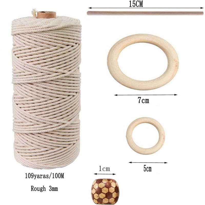 Macrame planteophæng macrame snor 109 yards naturlig macrame snor 3mm snor med træring træpind til gør-det-selv-håndværk