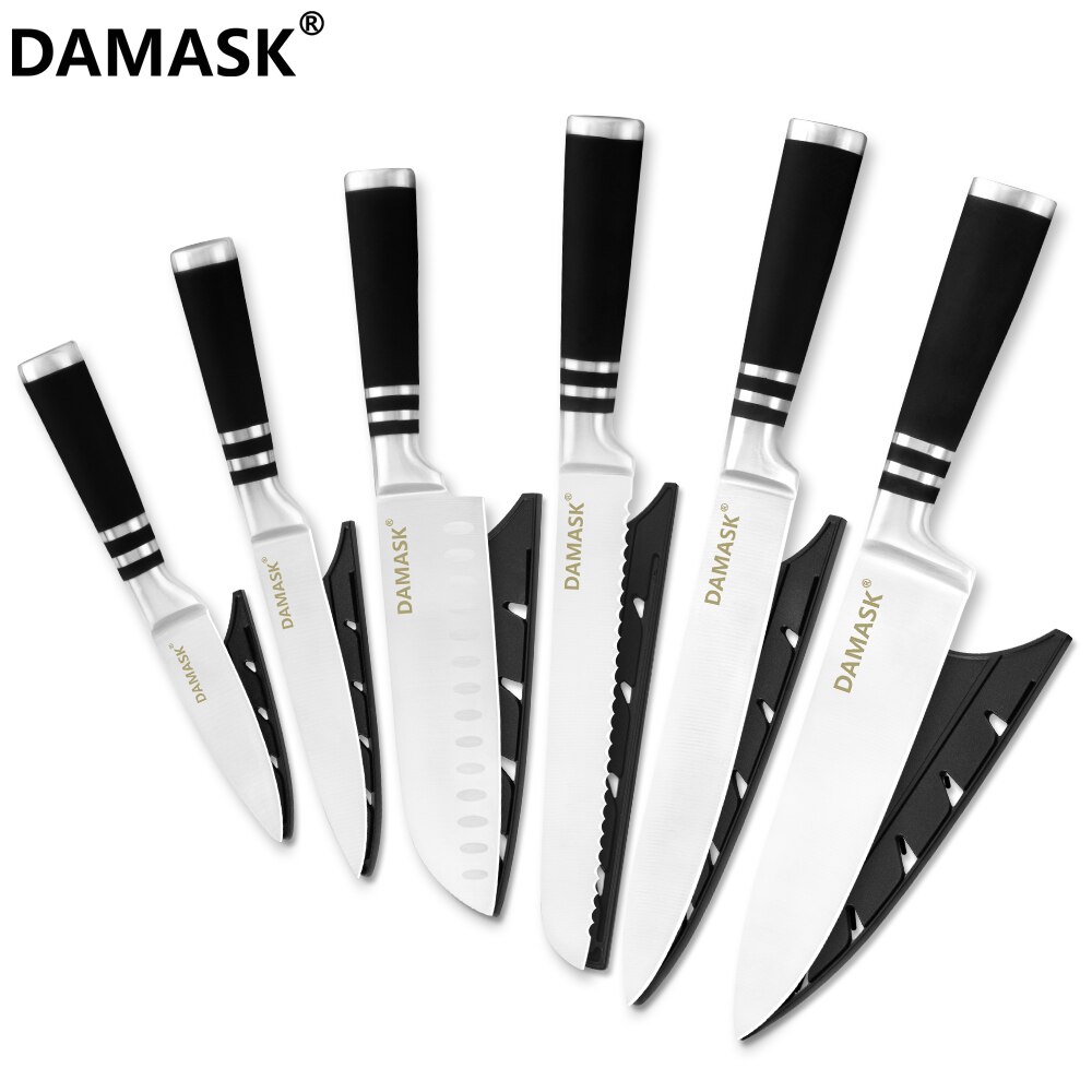 Damask mærke 3 cr 14 rustfrit stål køkkenknive sæt 430 greb knive med gratis knive dæksler: 6 stk sæt
