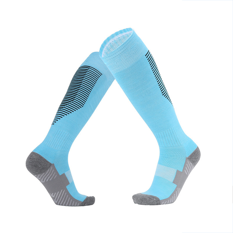 Cotton Football Socks Over the Knee Children High Tube Thickened Soles Non-slip Adult Men&#39;s tTraining Soccerl Socks: Sky blue black edge / Children Size