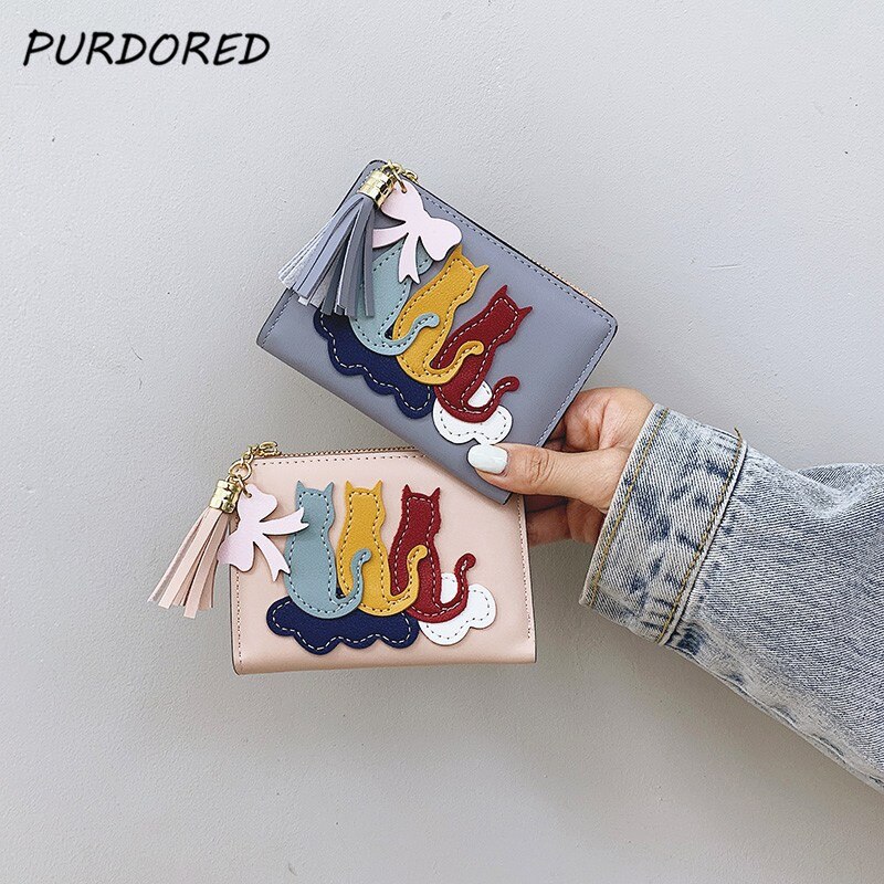 PURDORED-Tarjetero de cuero con de gato para mujer, funda con Tarjetero, Mini billetera para tarjetas de visita, 1 unidad