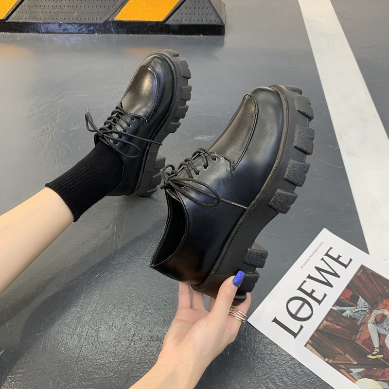 Zapatos Oxford de cuero negro liso para mujer, mocasines de plataforma de fondo grueso con cordones, informales, para otoño