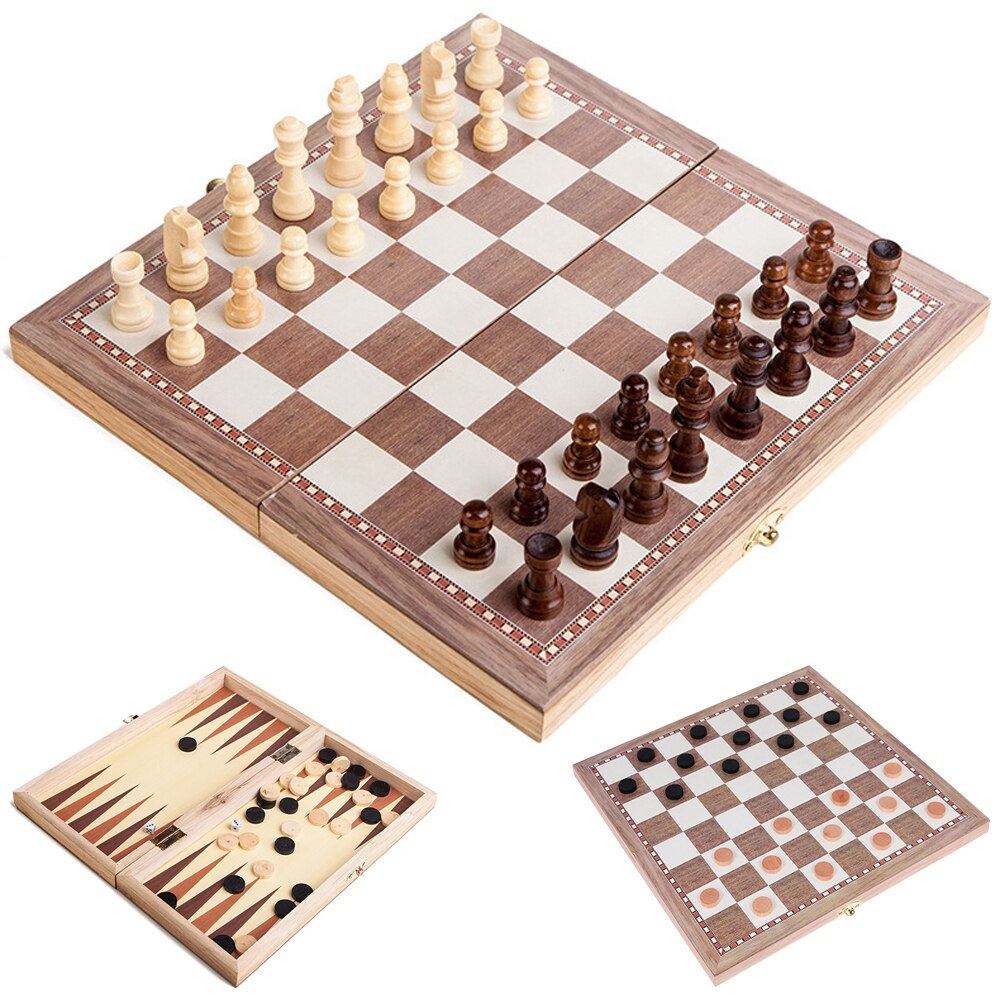 3-in-1 Multifunctional Wooden Chess Set Folding Chessboard Game Travel Games Chess Checkers Draughts and Backgammon Set