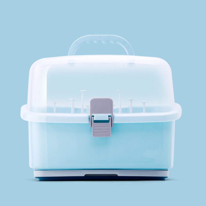 Baby sealed Portable Bottle Nursing Bottle Storage Box Portable plastic with drain tray bottle storage box: blue